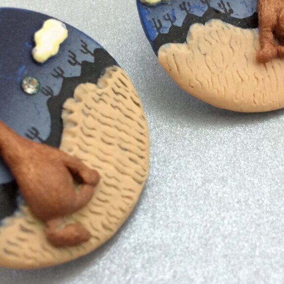 Handmade Coyote Howling at Desert Moon Polymer Clay Earrings Southwest Boho - Picture 10 of 16